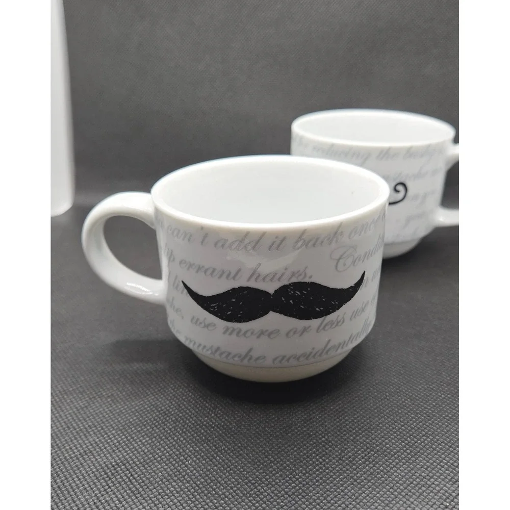 Set of 4 Pier 1 Mustache Ceramic Coffee Mugs White Black Handlebar Chevron Mugs